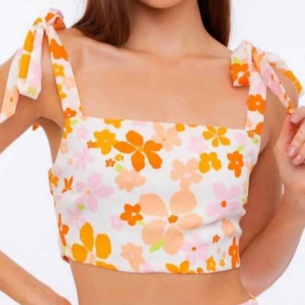 NWT Med Le Lis Cream Orange Pink Floral Crop Tie Shoulder Straps Open Back